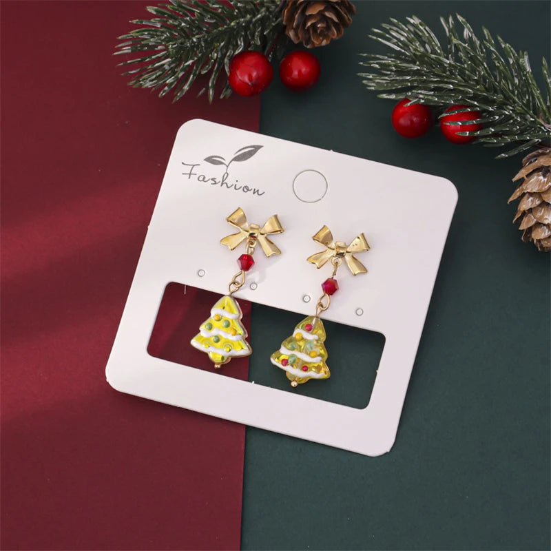 Light Luxury Colored Glass Christmas Tree Earrings For Women Unique Design Exquisite Bowknot Red Beads Earring New Year Jewelry