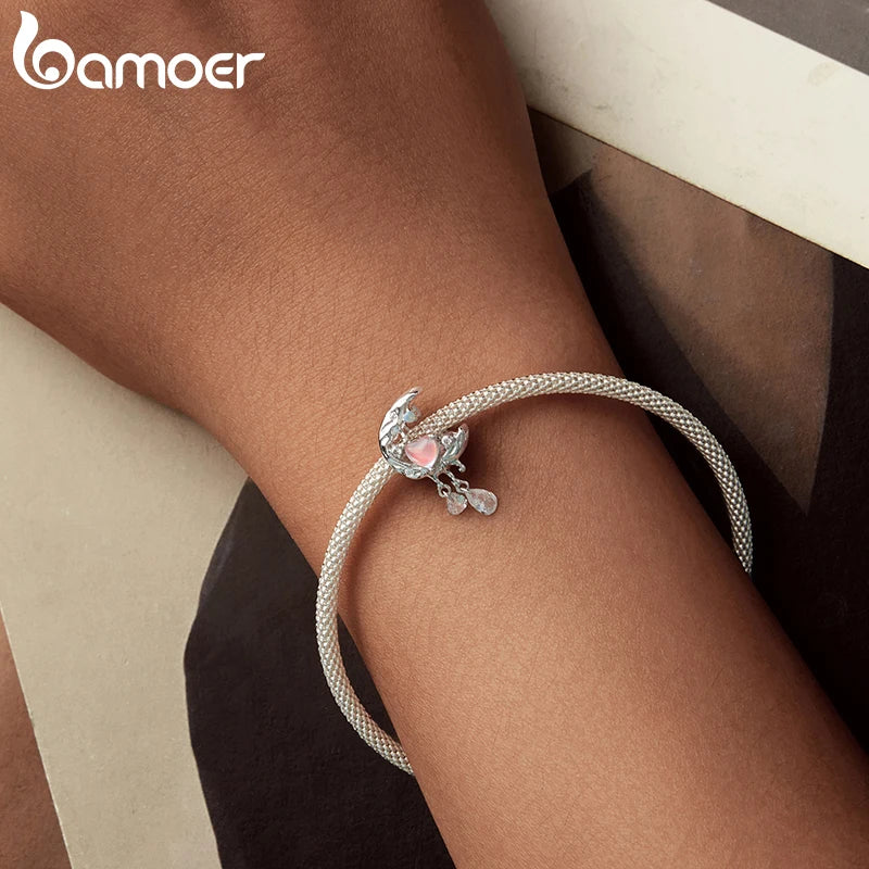 BAMOER Solid 925 Sterling Silver Pink Moonlight Charm Bead fit Original Bracelet & Necklaces Jewelry DIY bamoer Charm SCC2936