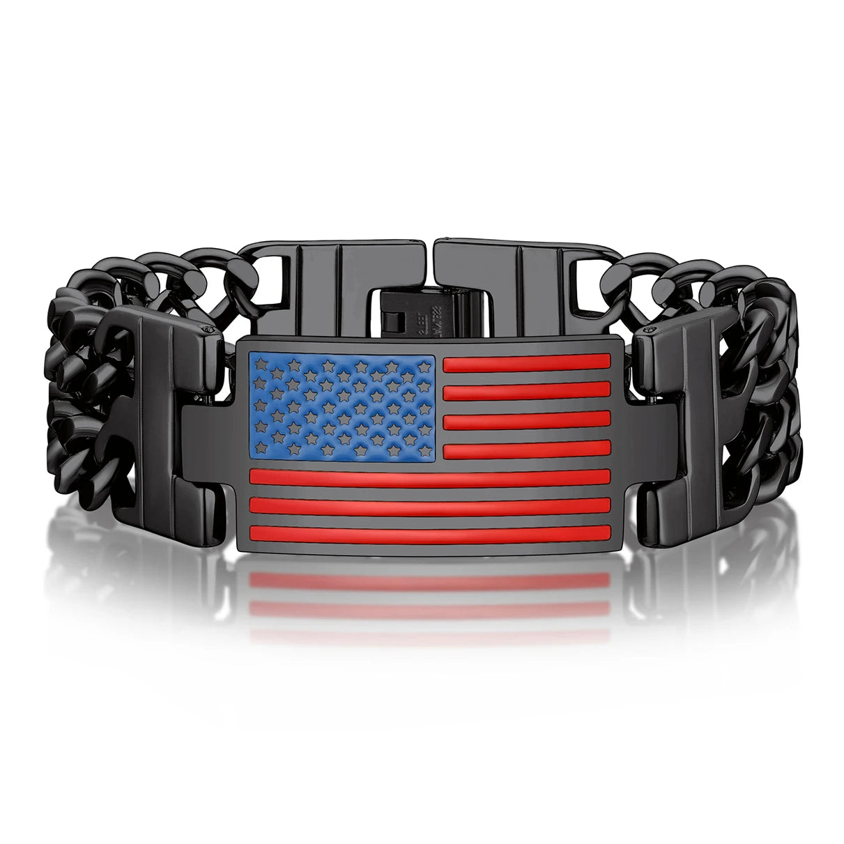 ChainsPro Stainless Steel 17.5mm Wide USA Flag Bracelet Bangle for Man Double Curb Chain 4th of July Independence Day 19 21 23cm