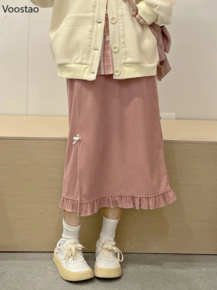 Spring Autumn Japanese Sweet Pink Ruffles Split Skirt Women Korean Cute Y2K Party Midi Skirts Female Elegant Corduroy Skirts