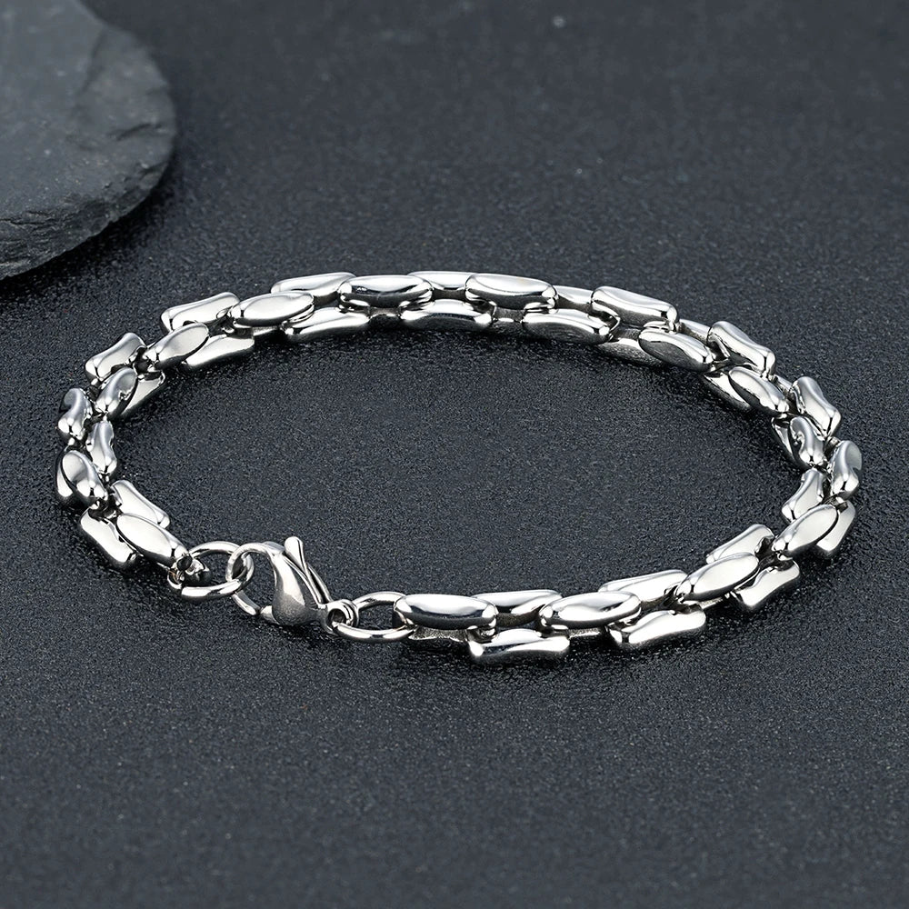 MKENDN Mens Retro Grey Rectangle Chain Bracelets 7mm Stainless Steel Wristband Punk Rock Jewelry Gift for Him Boy