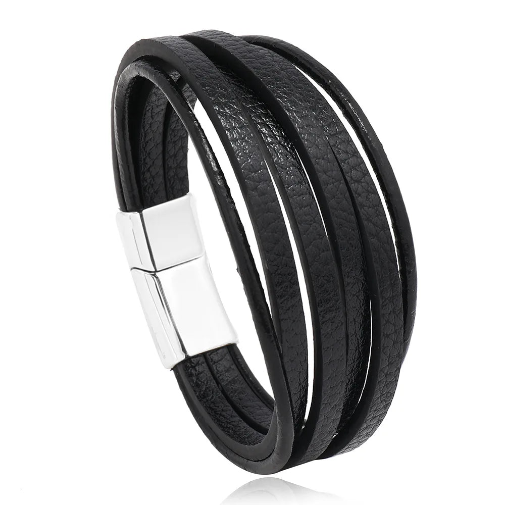 Trendy  Leather Bracelets Men Stainless Steel Multilayer Braided Rope Bracelets For Male Bracelets Jewelry Pulsera Hombre