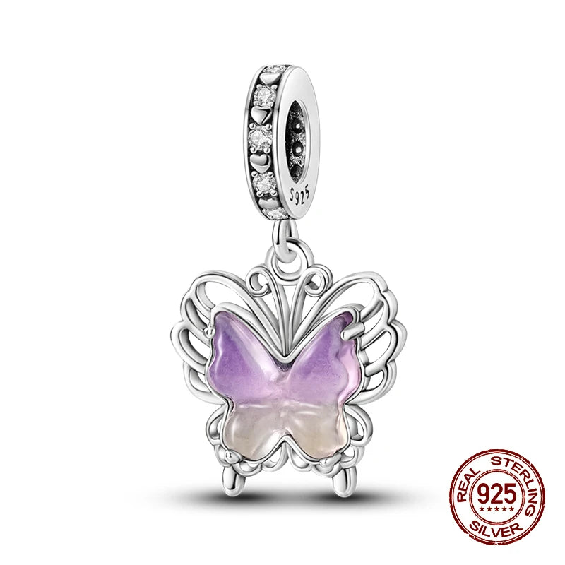 Magical 100% 925 Sterling Silver Glass Flower Butterfly Charms Beads Fit 3mm 925 Original Bracelets DIY Party Jewelry Gifts