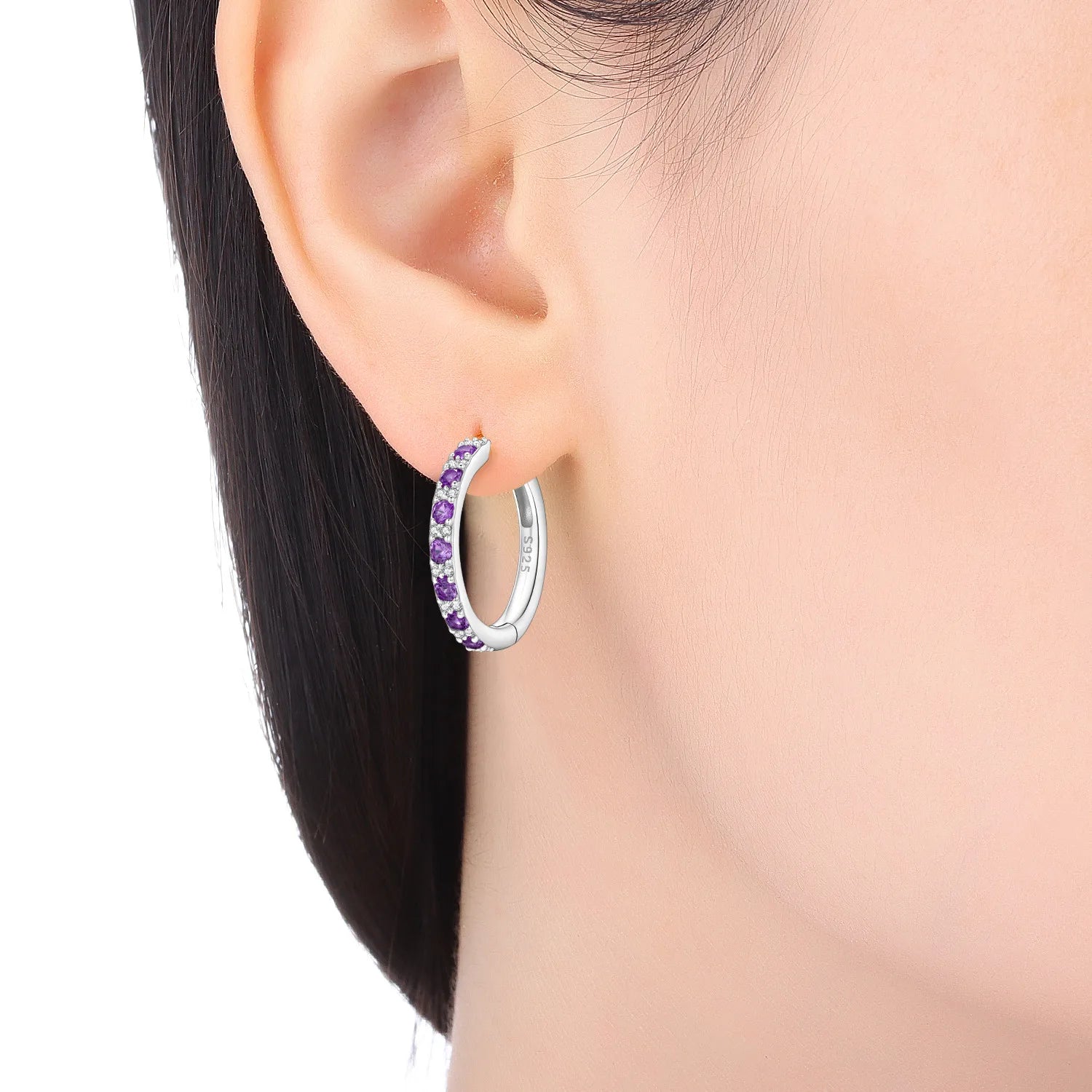 PANPOKI S925 Sterling Silver Simplified Purple Zircon Earrings Versatile Hoop Earrings For Women Jewelry Original Party Gifts
