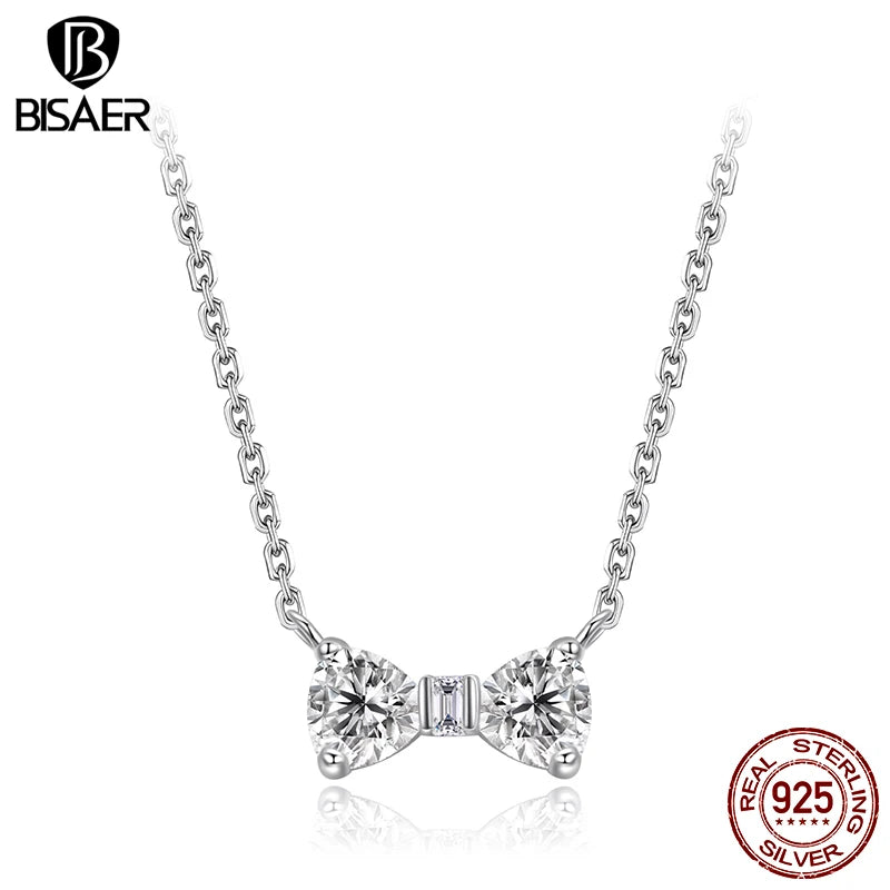 BISAER Bow Pendant Necklace 925 Sterling Silver Bow-knot Adjustable Chain Plated White Gold for Wenmen Party Fine Jewelry Gift
