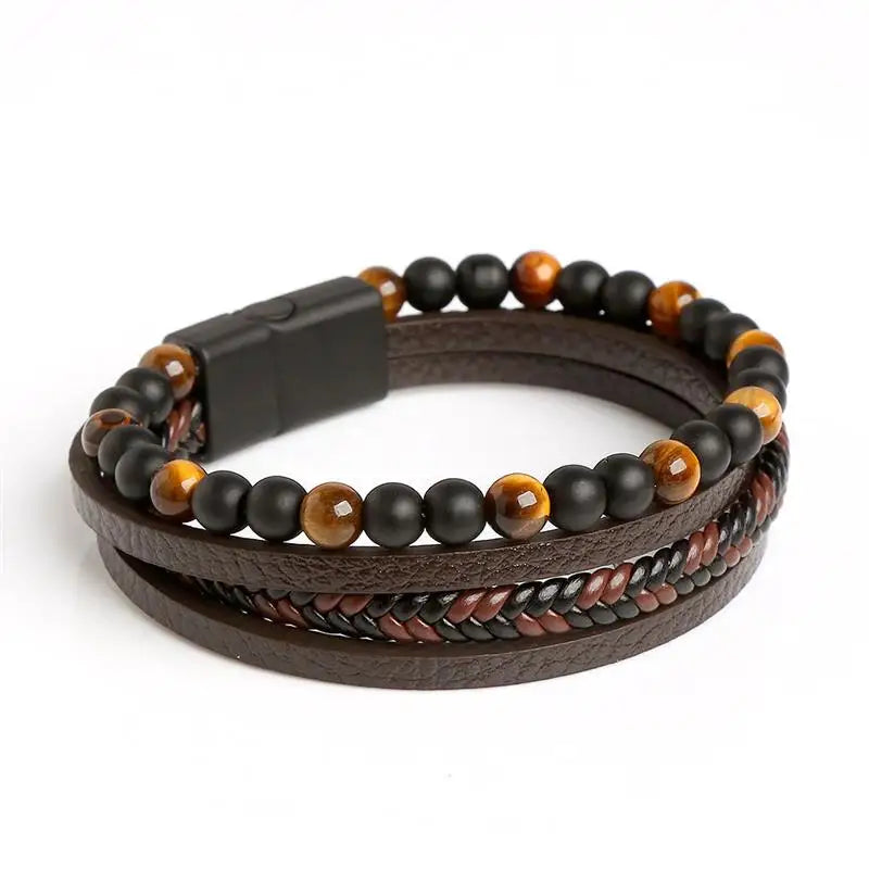 Jiayiqi Leather Bracelet Men Punk Hip Hop Metal Charm Tiger Eye Stone Beads Multi-Layer Bracelet For Men Fashion Jewelry Gift - Madeinsea©