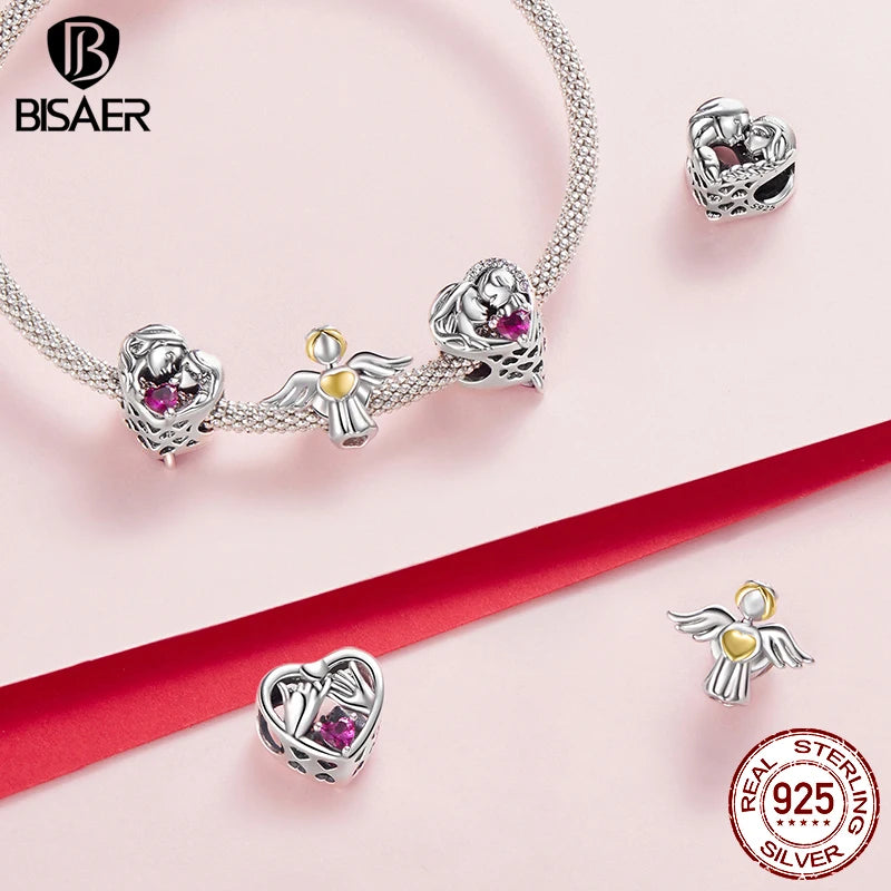 BISAER 925 Sterling Silver Heart Family Charm Angel Mother Child Hug Love Bead For Women Mother's Day DIY Bracelet Fine Jewelry