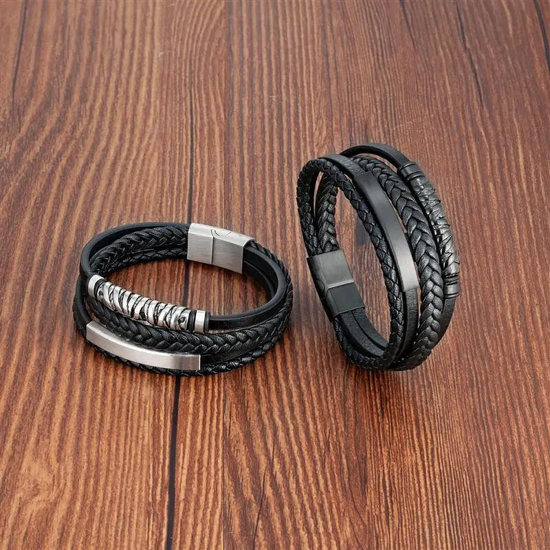 Multilayer Stainless Steel Insert Bracelet Viking Leather Bracelets for Men Punk Jewelry Homme Accessories custom logo