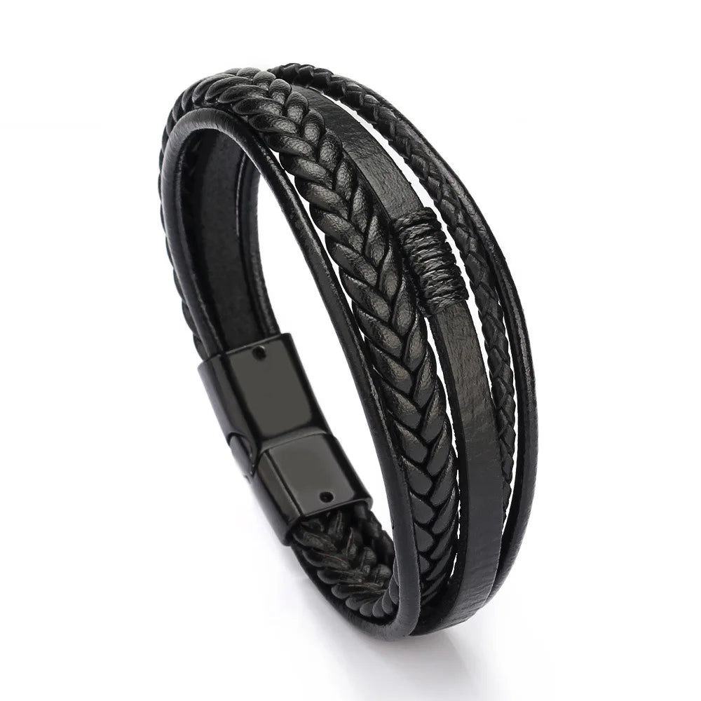 Trendy  Leather Bracelets Men Stainless Steel Multilayer Braided Rope Bracelets For Male Bracelets Jewelry Pulsera Hombre