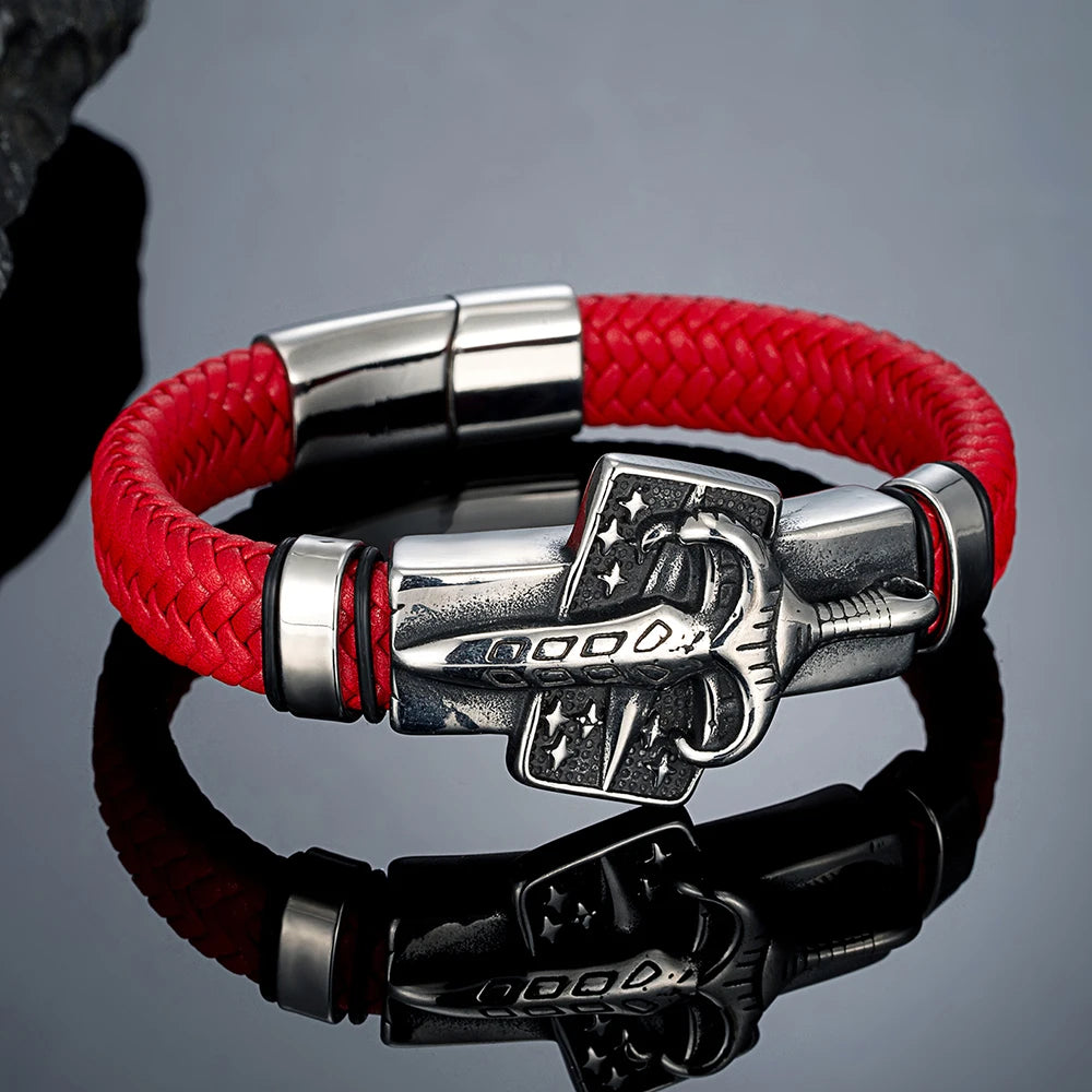 MKENDN Viking Style Men Braided Genuine Red Leather Bracelet Warrior's Sword Stainless Steel Magnetic Buckle Homme Pulseras