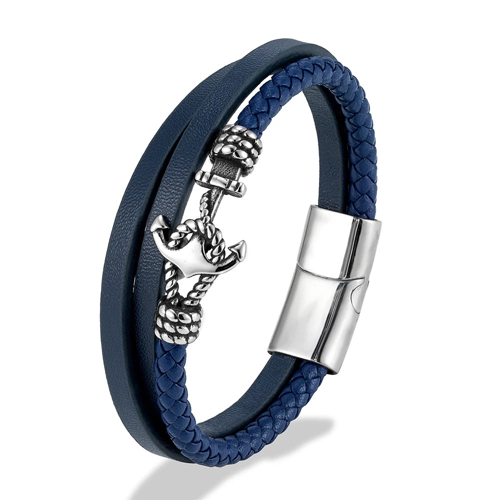 MKENDN Classic Anchor Bracelet Woven Multilayer Braided Leather Bracelet for Men & Women Stainless Steel Jewelry Gift for Him/He