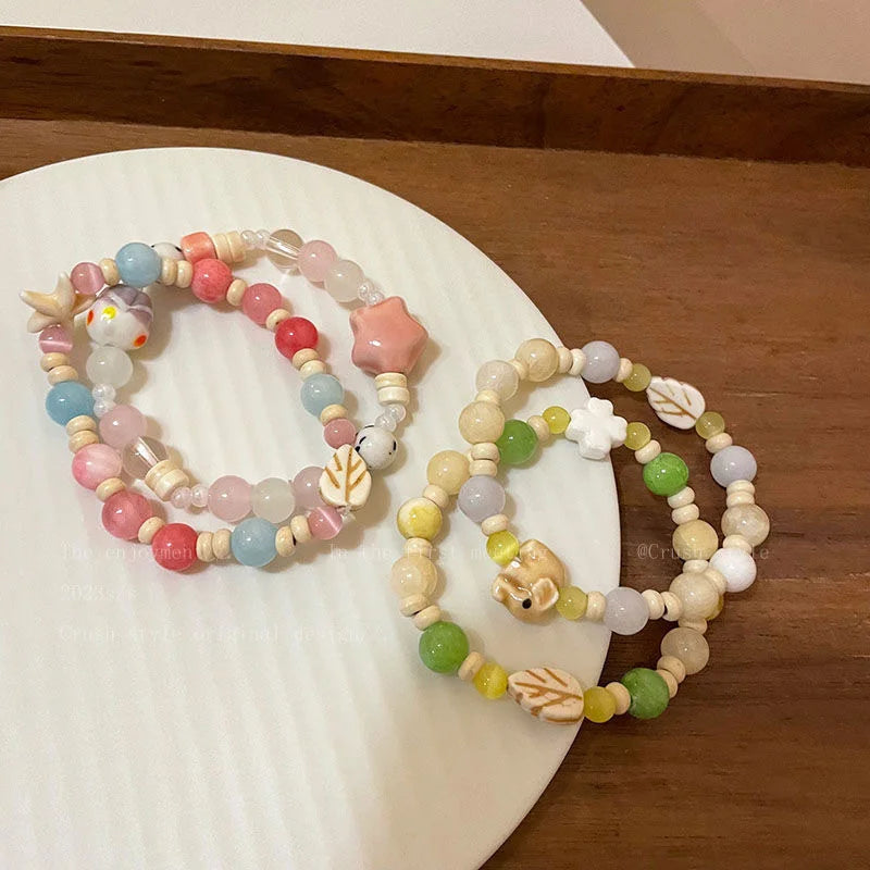 Handmade Ceramic Star Leaf Beaded Bracelet For Women Girls Cute Cartoon Animal Elephant Rabbit Beads Bangles Party Charm Jewelry