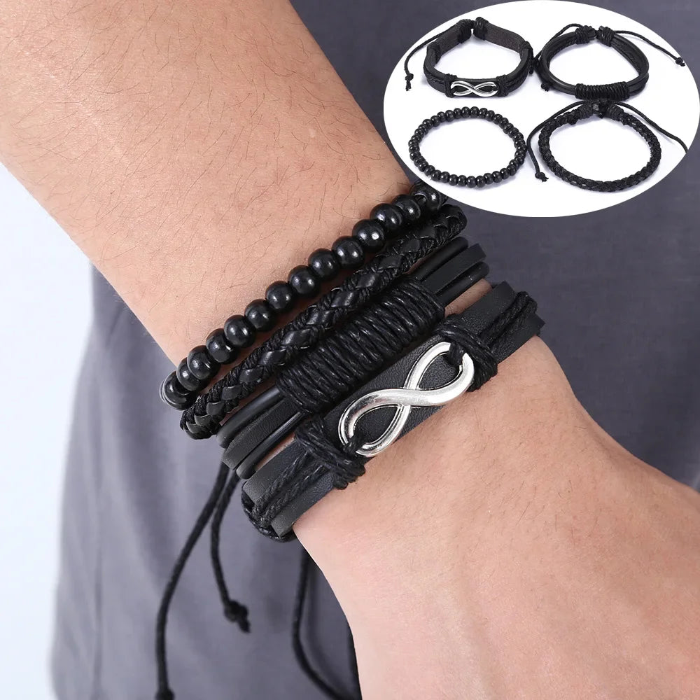 3-4Pcs Vintage Leather Bracelet Set For Men Tree of Life Charm Black Woven Rope Beads Chain Wrap Bangle Women Handmade Jewelry