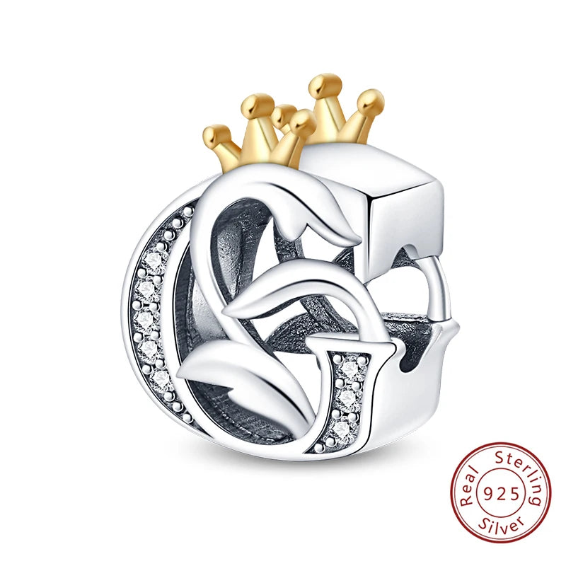 925 Sterling Silver 26 Alphabet A-Z Crown Letters Charms Bead Fit Original Bracelet Fine DIY Charm For Woman Anniversary Jewelry