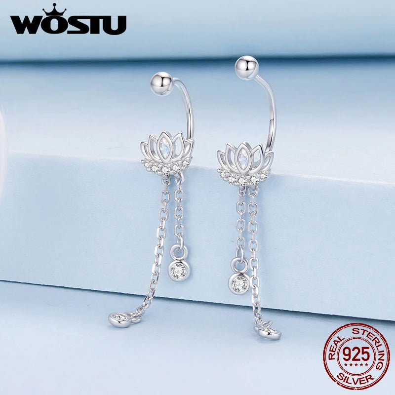 WOSTU Drop Lotus Earrings For Women , 925 Sterling Silver Original Shiny CZ Chain Link Long Flower Stud Earring Wedding Gift