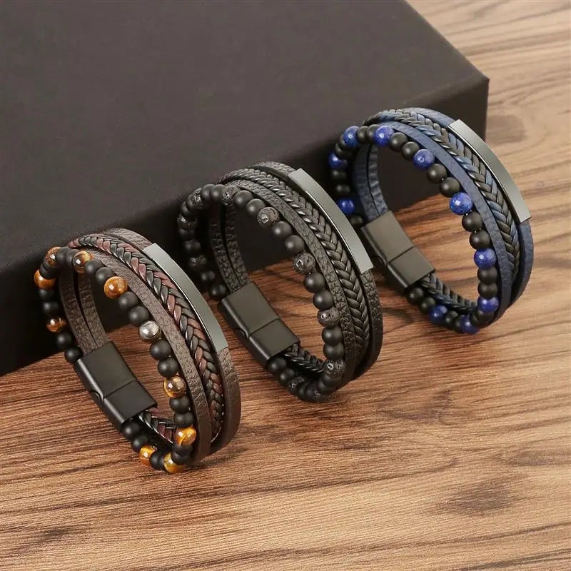 Jiayiqi New Leather Bracelet Men Classic Fashion Tiger Eye Beaded Multi Layer Leather Bracelet For Men Jewelry Gift Dropshipping