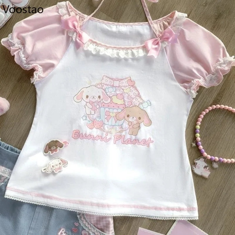 Kawaii Lolita Style 2 Piece Set Women Sweet Cute Cartoon Print T-Shirt Tops Bow Lace Ruffles Mini Cake Skirts Female Korean Suit