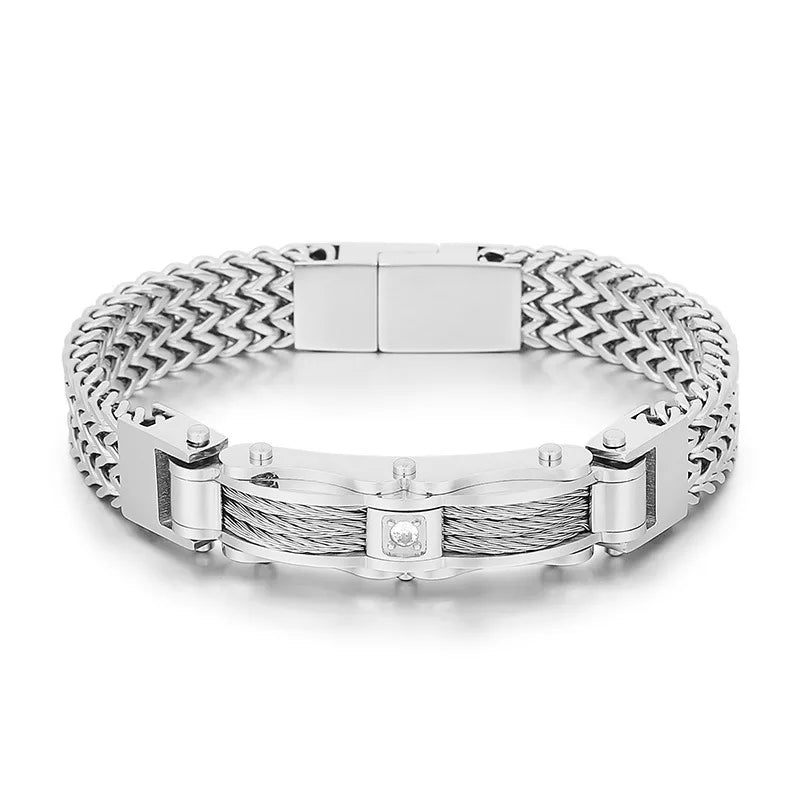 MKENDN Punk Rock Biker 316L Stainless Steel Steel Wire Mens Bracelet Pave Cubic Zircon Bicycle Chain Jewellery Pulsera Hombre