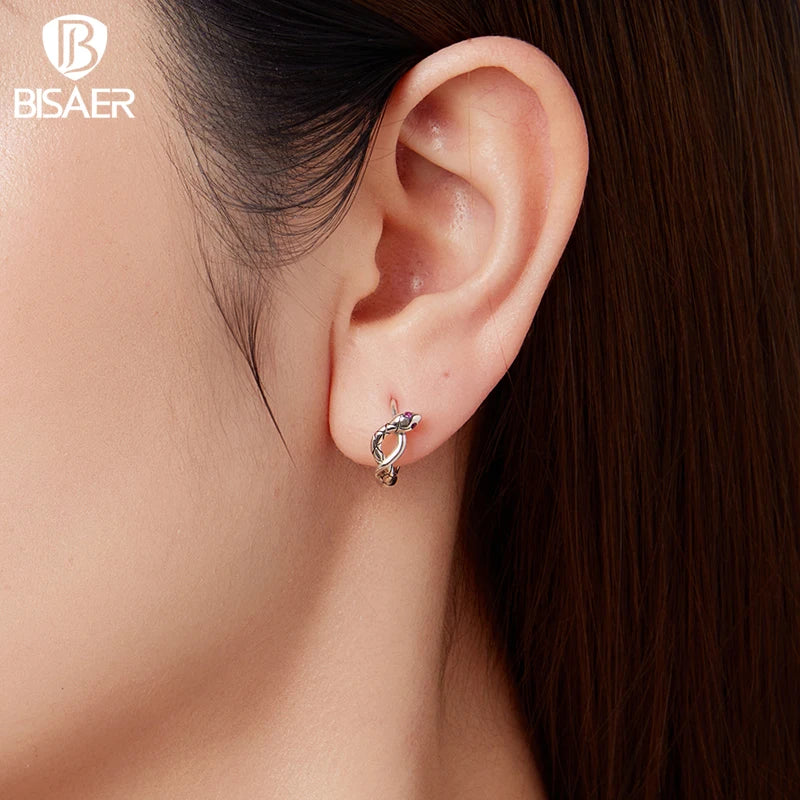 BISAER 925 Sterling Silver Vintage Viper Hoop Earrings Snake Red Zircon Ear Clip For Women Party Original Fine Jewelry ECE1891