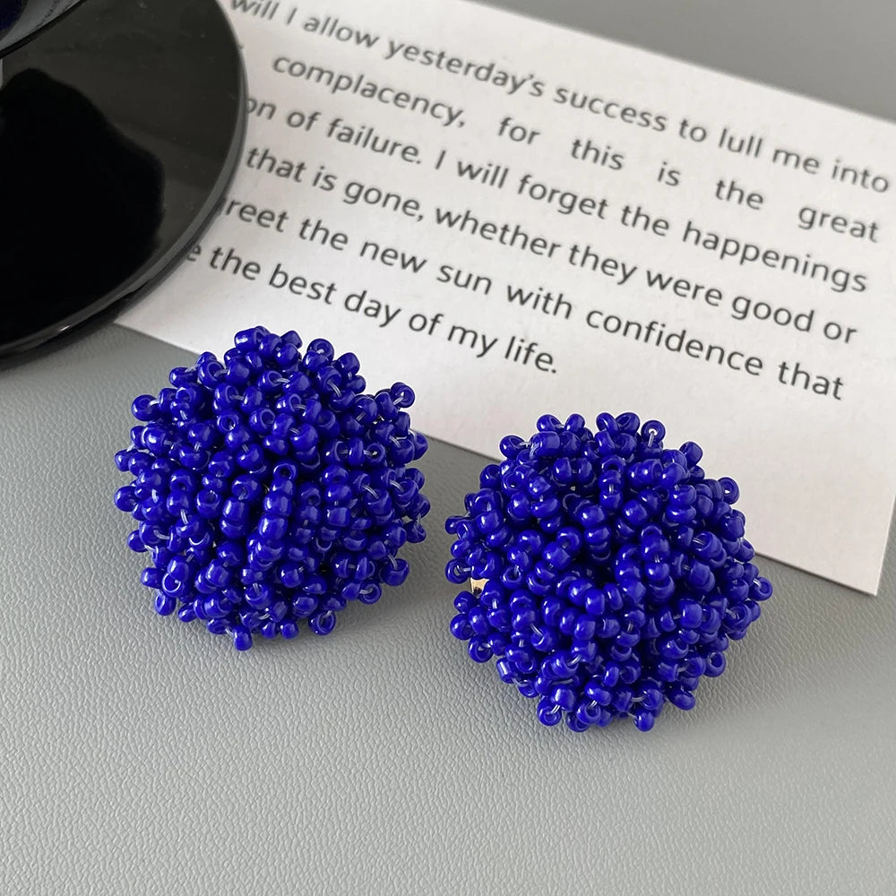 AENSOA Korean Navy Blue Round Tassel Hanging Earrings for Women Fashion Geometric Circle Pearl Drop Earrings Statement Jewelry