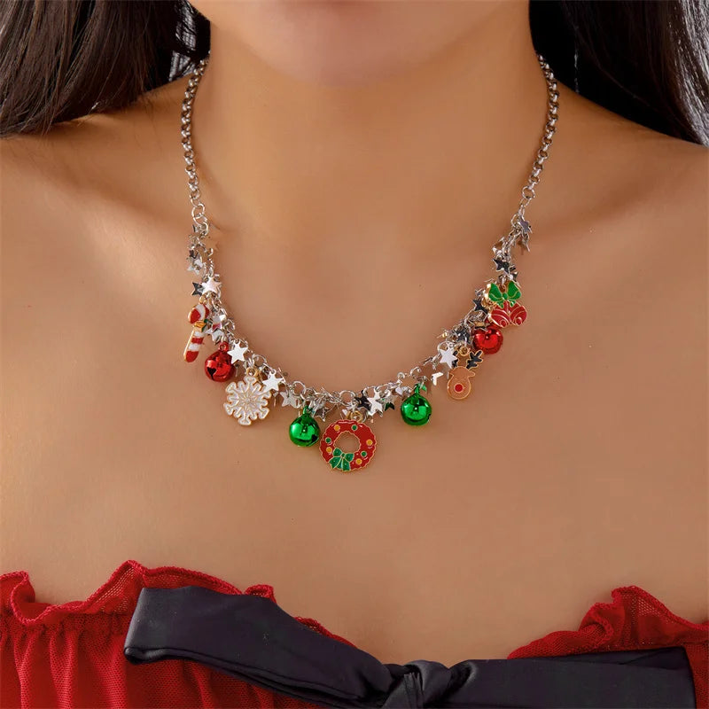 Fashion Christmas Metal Chain Necklace For Women Crystal Zircon Elk Santa Claus Snowman Bell Xmas Tree Pendant Choker Jewelry