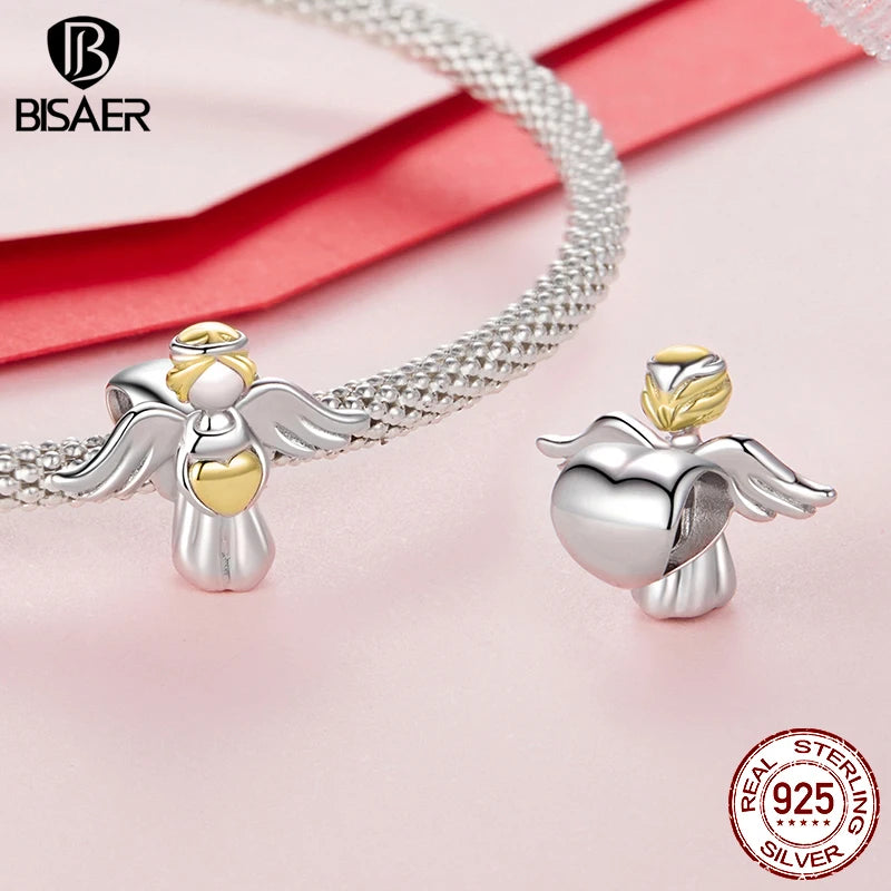 BISAER 925 Sterling Silver Guardian Angel Love Pendant Bible Sacred Heart Charm for Faith Men Women DIY Bracelet Fine Jewelry