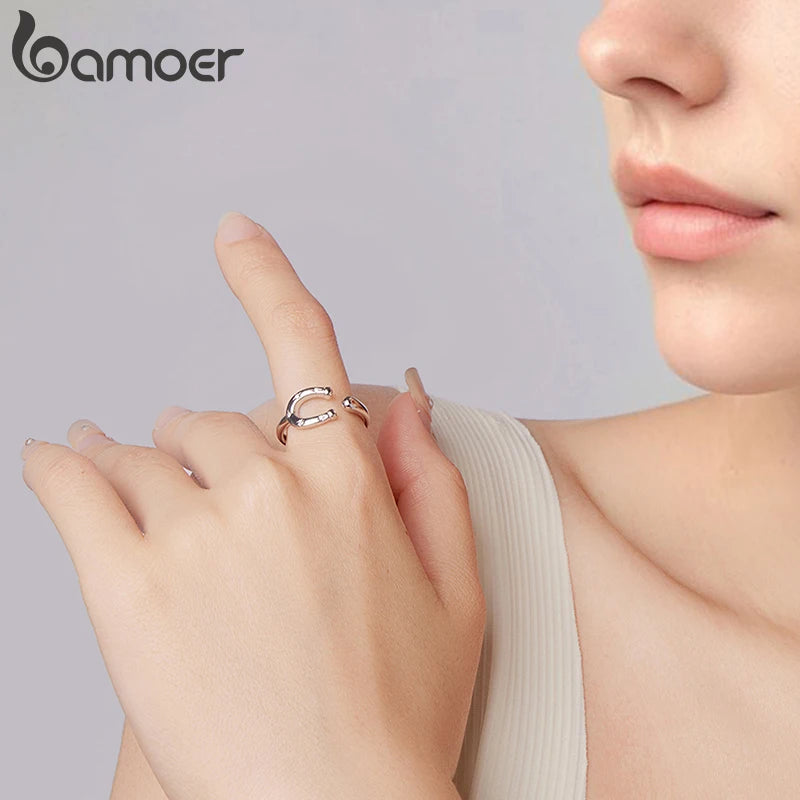 BAMOER 925 Sterling Silver U-shape Open Ring Lucky Horseshoe Ring with Star Zircons for Lover Girl Vintage Blessing Dating Gift