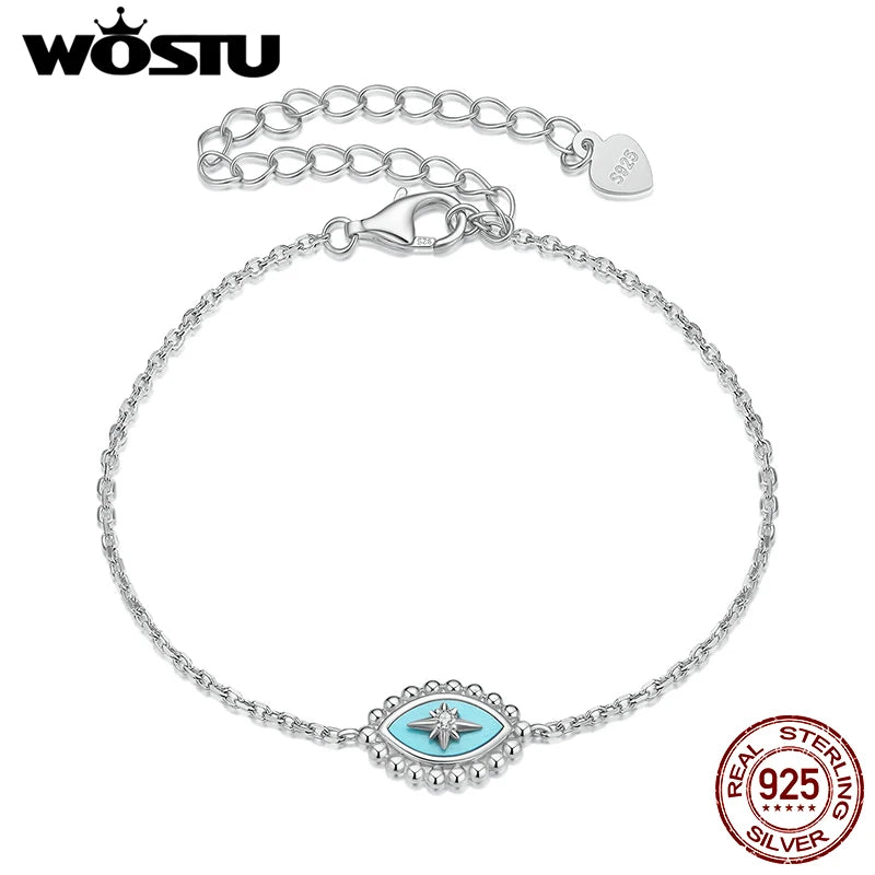 WOSTU Real 925 Sterling Silver hexagram Star Zircon Chain Bracelet Blue Turquoise Devil Eye Chain links Gift For Mom Daughter