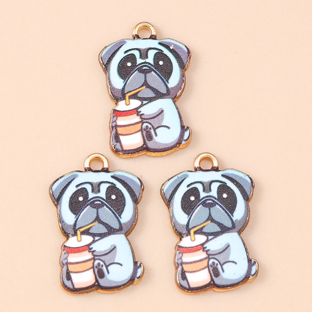 Leslie 10pcs New Cartoon Animal Dog Charms Enamel Metal Book Drinking Dog Pendants For Women DIY Necklace Earrings Jewelry Gifts