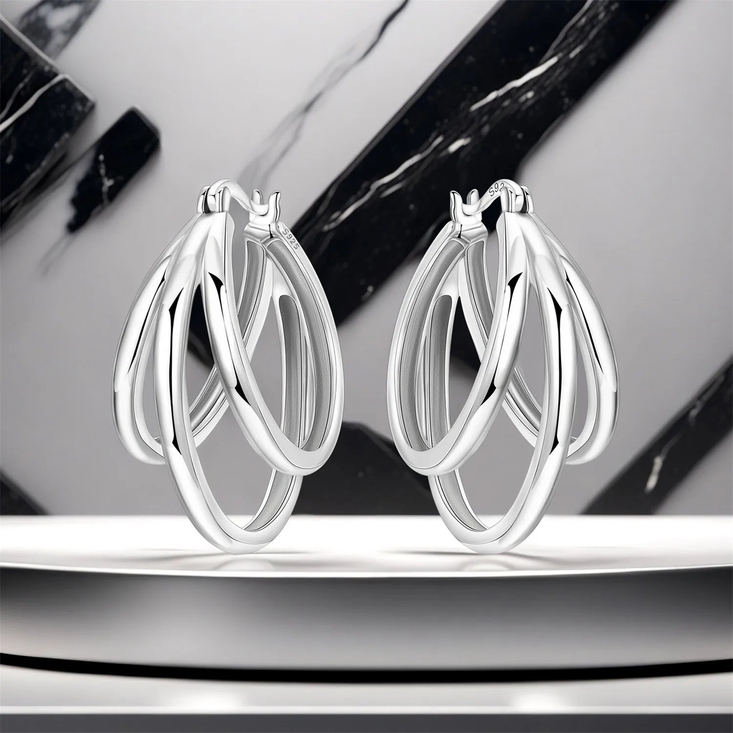 PANPOKI Original 925 Sterling Silver French Style Three Ring Earrings Women Hoop Earring Anniversary Jewelry Trendy Gifts