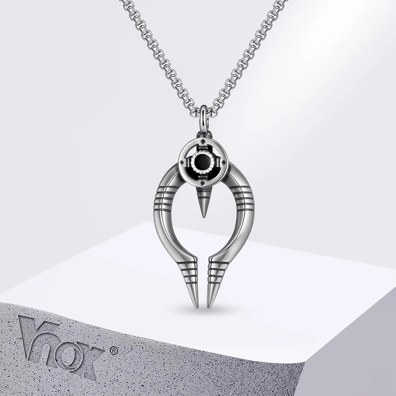 Vnox Nordic Viking Symbol Necklace with Box Chain,Gothic Black Cubic Zirconia Stone Inlay Pendant, Protective Jewelry Gift
