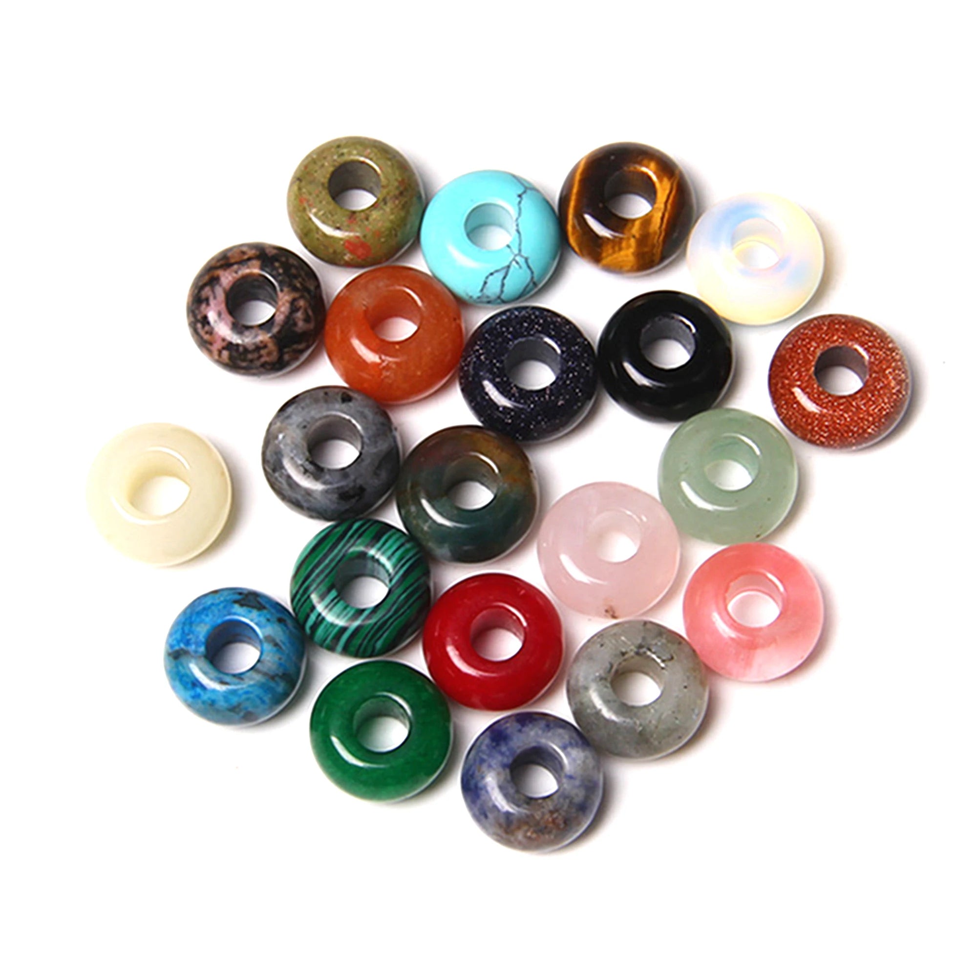 5PCS Natural Big Hole Round Abacus Bead 14mm Opal Tiger Eye Jade Hollow Stone Pendant For Jewelry Making Necklace Earrings DIY