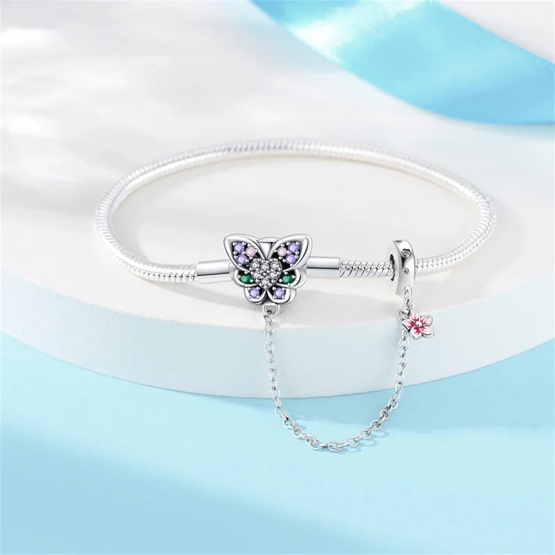 New Springtime 925 Silver Colorful Flower Butterfly Daisy Bracelets With Safety Chain Fit DIY Charms Beads Fine Birthday Jewelry