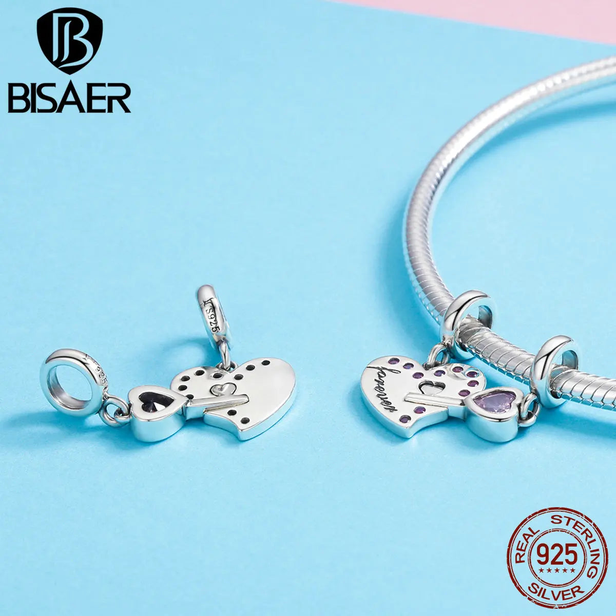 BISAER 925 Sterling Eternal Love Charm Bead A Pair of Heart Locks Pendant Fit Couple Friends DIY Bracelet Necklace Fine Jewelry