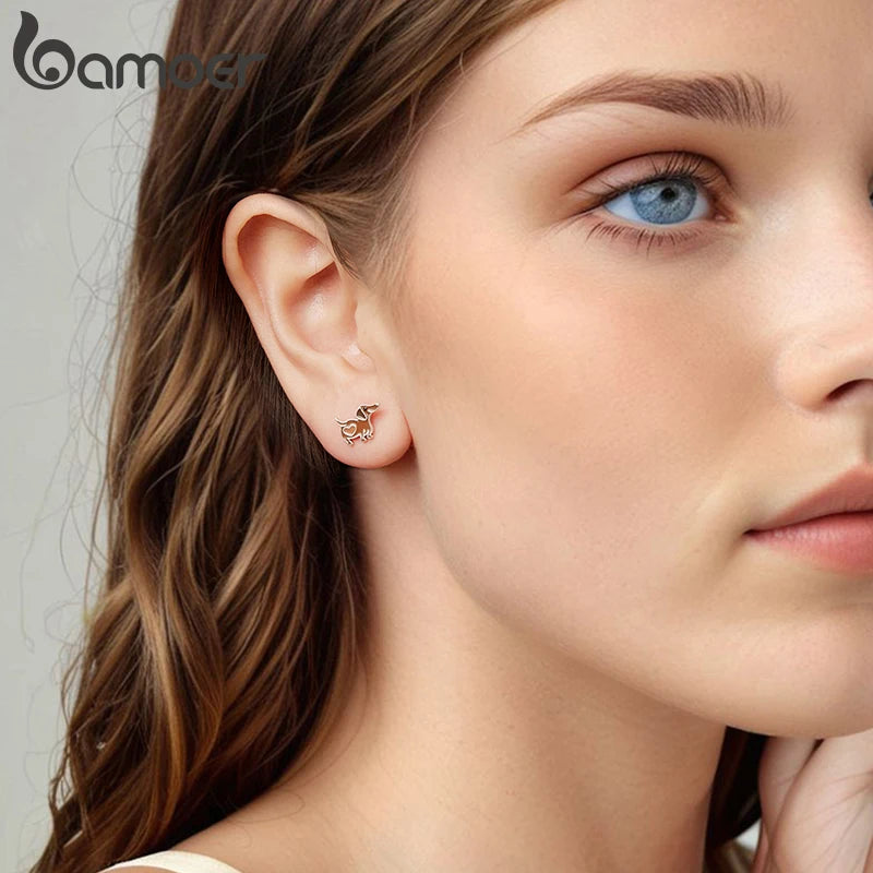 BAMOER 925 Sterling Silver Dachshund Stud Earrings Enamel Grey Heart Cute Dog Pierced Earring for Women Teens Girl Birthday Gift