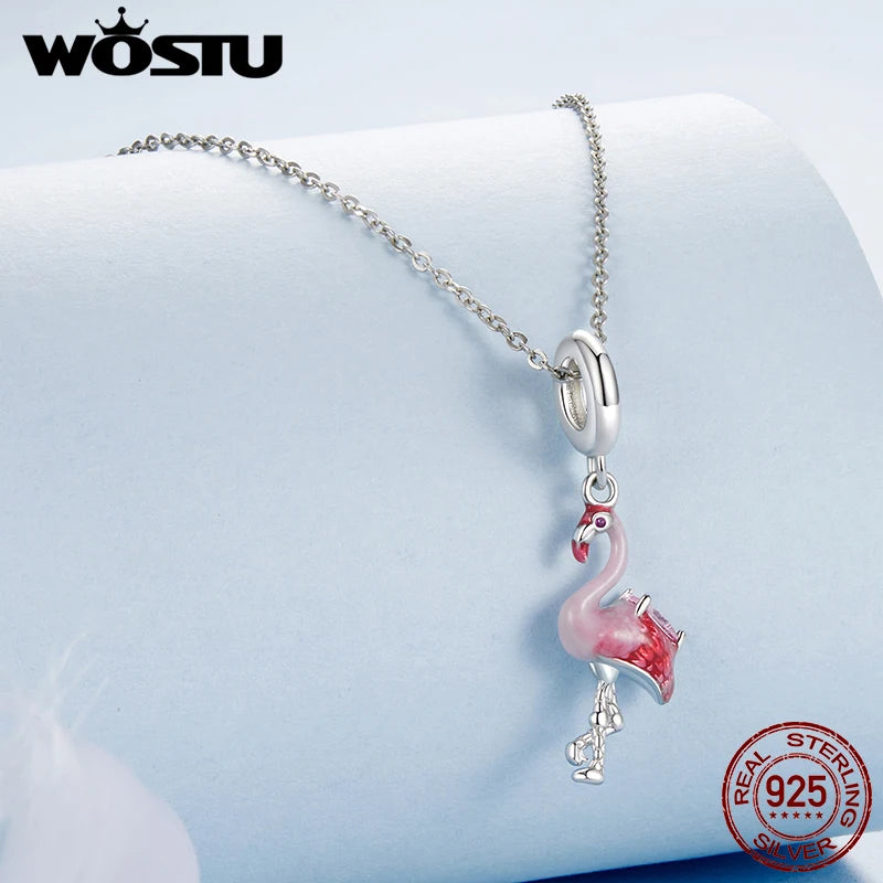 WOSTU Solid 925 Sterling Silver Flamingo Pendant Red Bird Charm Fit DIY Bracelet Necklace Summer Beach Jewelry Series