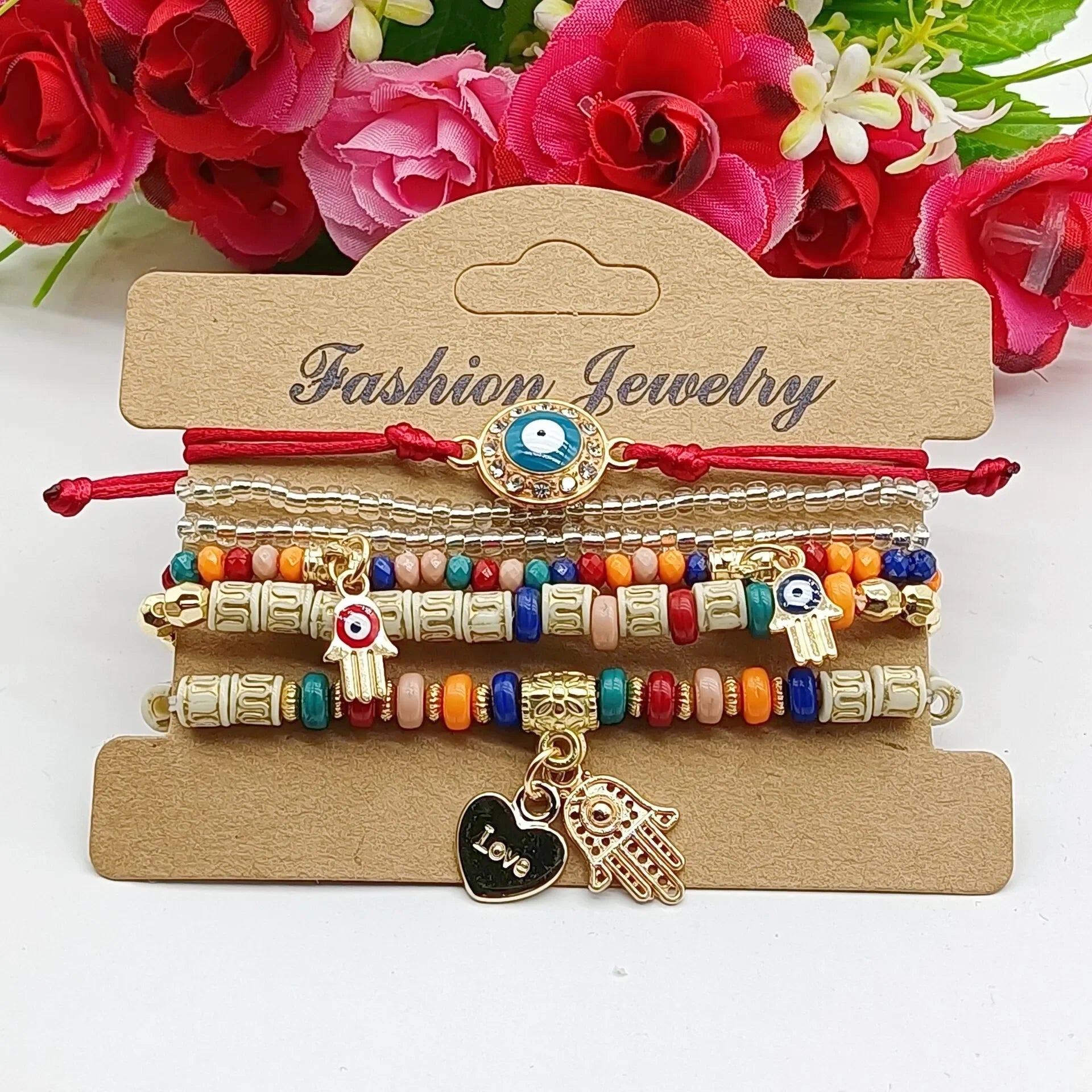 6Pcs Fatima Hand Evil Eye Bracelet Set For Women Heart Charm Beads Rope Chain Bangle Female Bohemian Handmade Jewelry