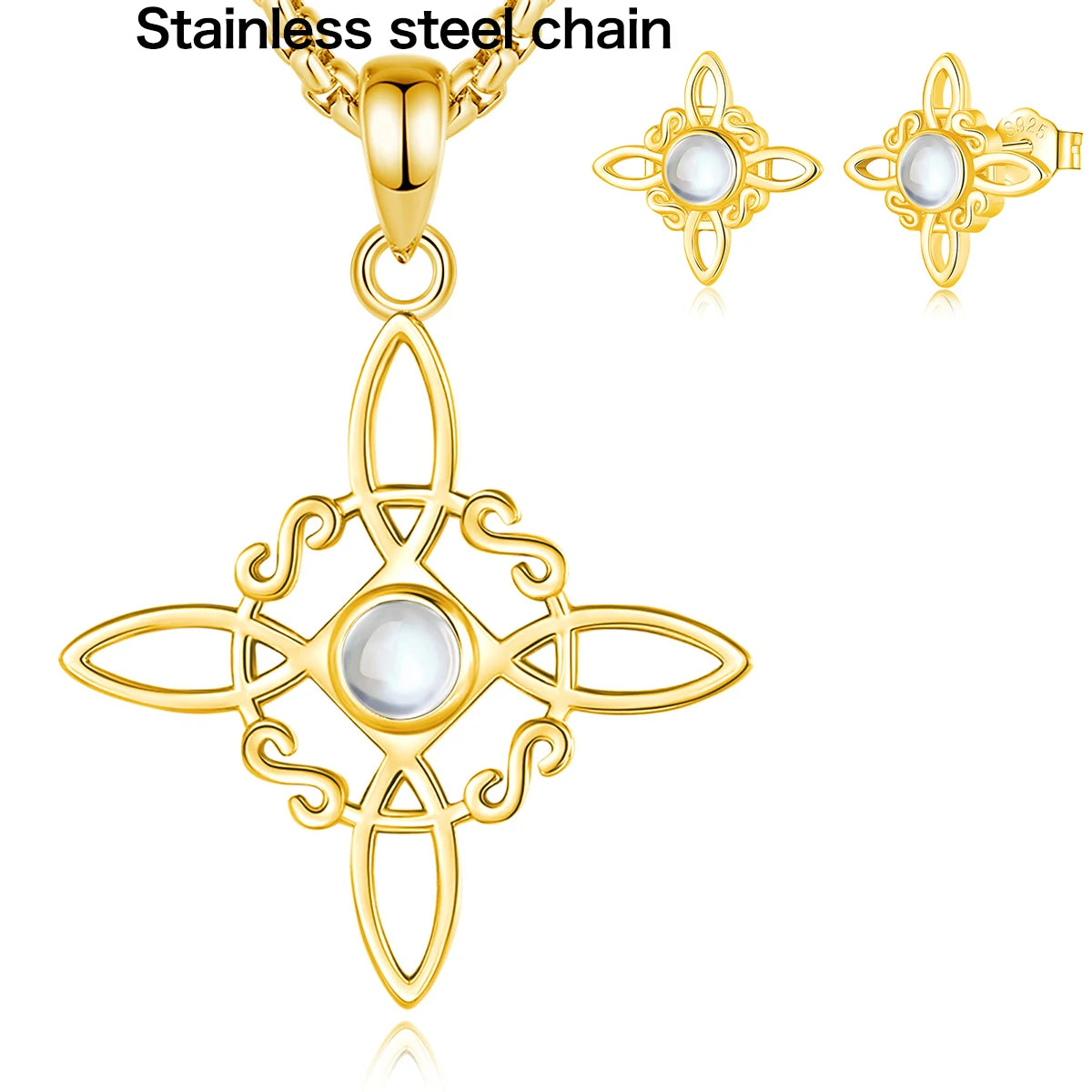 Eudora 925 Sterling Silver Witches Knot Necklace & Earrings 18K Gold Plated Moonstone Celtic Knot Wicca Jewelry Set Women Gift