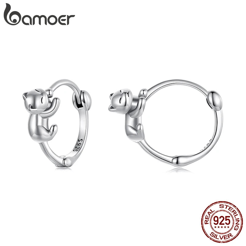 BAMOER 925 Sterling Silver Cute Cat Earrings, Small Animal Huggie Hoop Earrings Jewelry Gifts for women Teen Girls cat Lovers