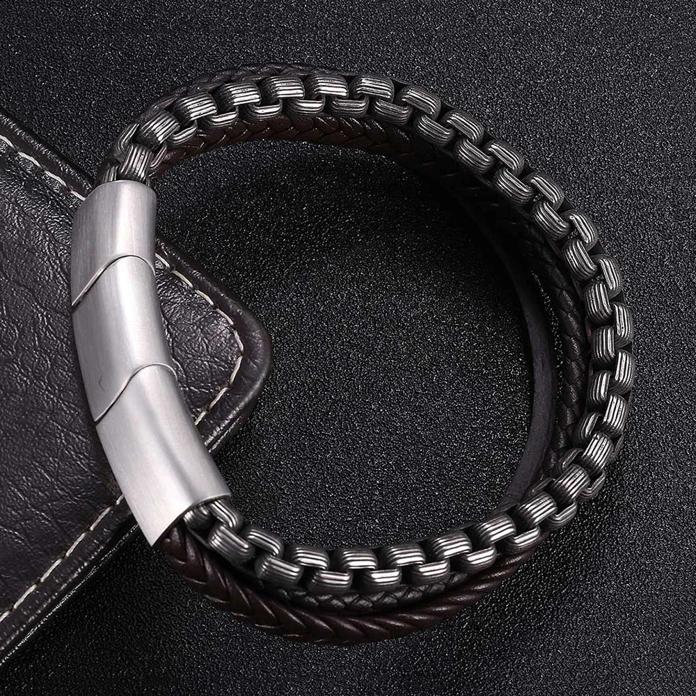 MKENDN Locomotive Men Punk Rock Oxidized Stainless Steel Round Box Chain Leather Cord Bracelet Chain Accessory Male Gifts