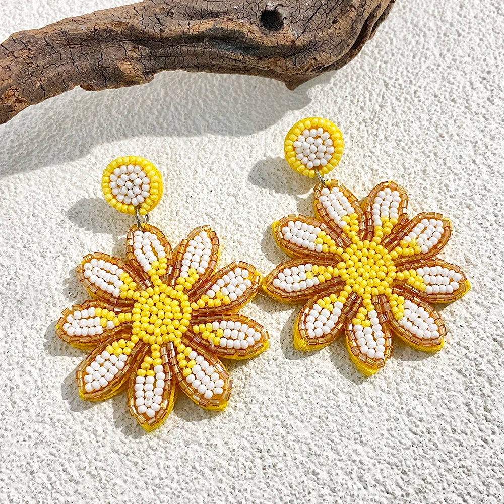 AENSOA Handmade Yellow Beaded Sunflower Drop Earrings for Women Girls Statement Seed Bead Floral Dangle Earrings Party Jewelry
