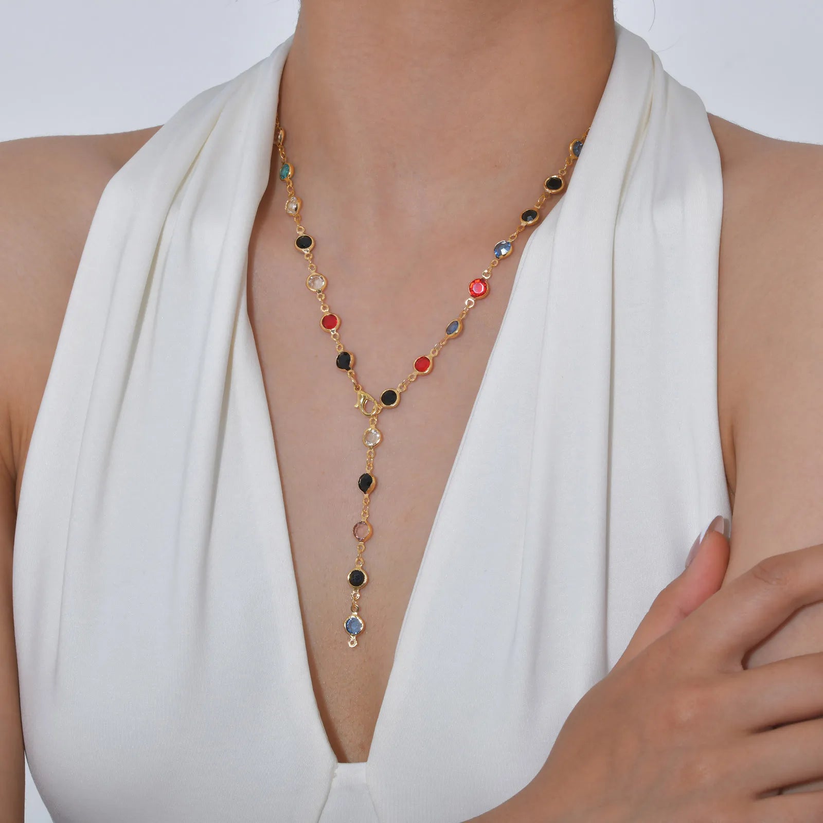 Vnox Dainty Colorful Glass Long Y-shaped Necklace For Women Round Heart Accessories Chain Necklace Neck Jewelry Trendy Style