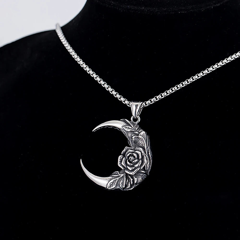 Punk Vintage 316L Stainless Steel Moon And Night Pendant With Rose For Men Women Biker Fashion Creative Jewelry Gifts Wholesale