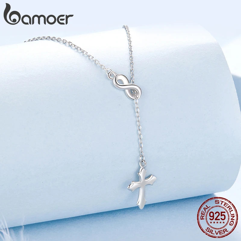 BAMOER  Corss Pendant Necklace Infinite Love Choker Y Chain Link for Women Girls 925 Sterling Silver Eternal Faith Jewelry Gift
