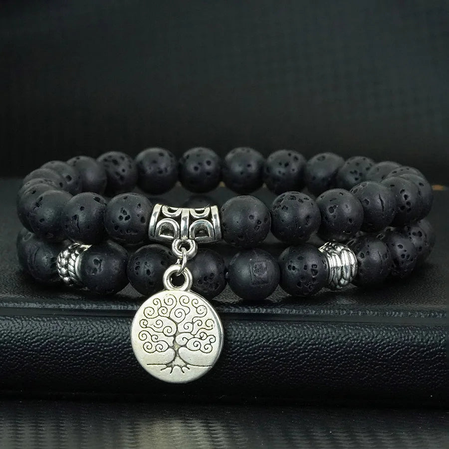 Handmade 2Pcs Men Bracelet Set Tree Of Life Braslet 8mm Lava Howlite Stone Strand Braclet Yoga Meditation Healing Jewelry Homme