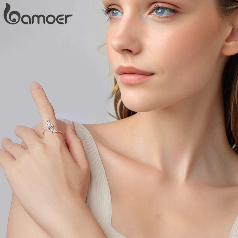 Bamoer 925 Sterling Silber Drehring Libelle Offener Ring Pave-Fassung Zirkonia Verstellbarer Insektenring für Damen Teenager Party Schmuck Geschenk