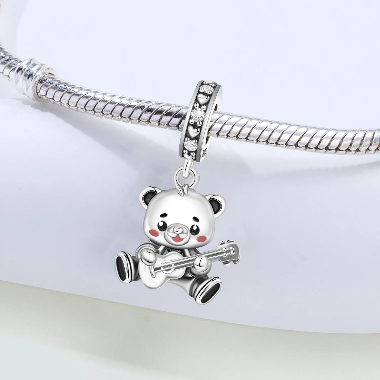 PANPOKI 925 Sterling Silver Bear Playing Guitar Beads Original Pendants Bracelet Charm Jewelry DIY Necklace Bracelet Fine Gifts