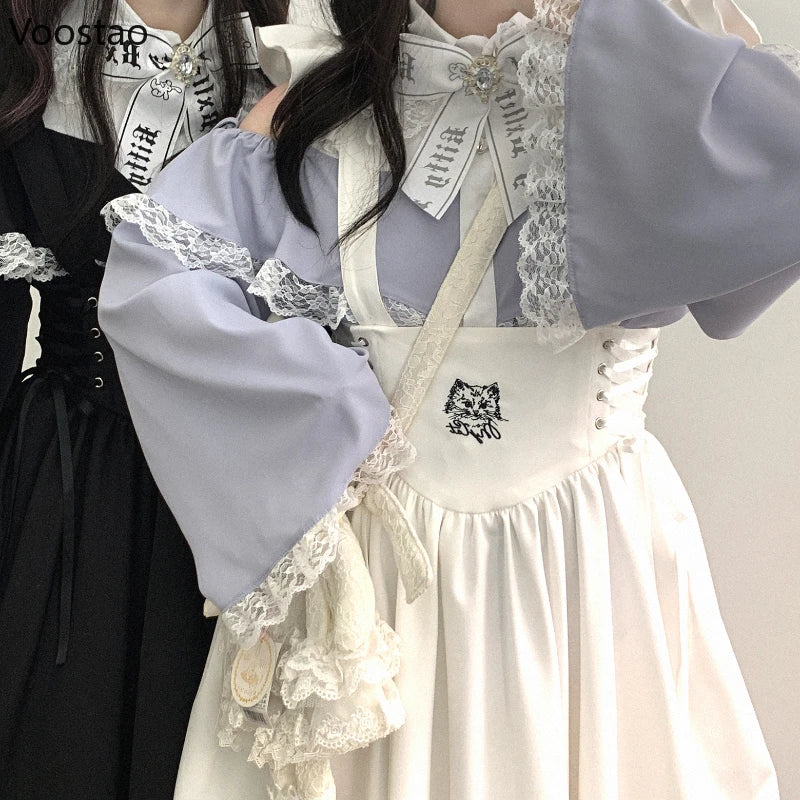 Japanese Gothic Lolita Shirts Women Vintage Kawaii Lace Ruffles Off Shoulder Long Sleeve Blouses Y2k Aesthetic Sweet Tops Blusas