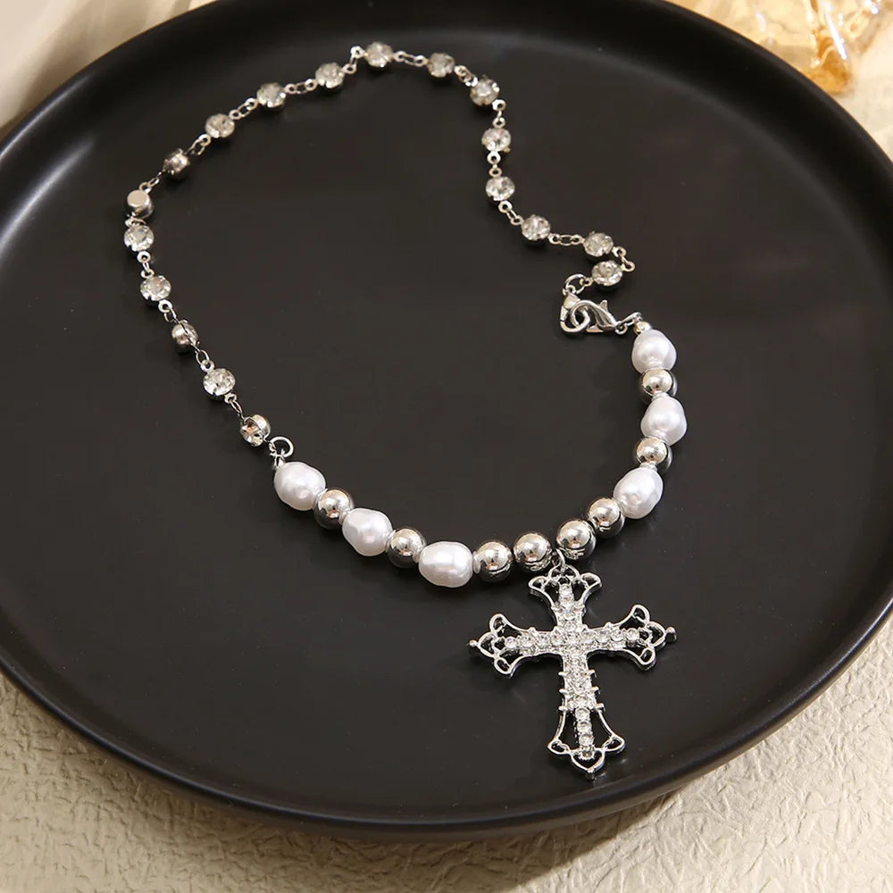 2023 Y2K Pearl Cross Pendant Necklace Hip Hop Retro Women Religious Zircon Chain Necklaces Girls Punk Party Trendy Jewelry Gifts