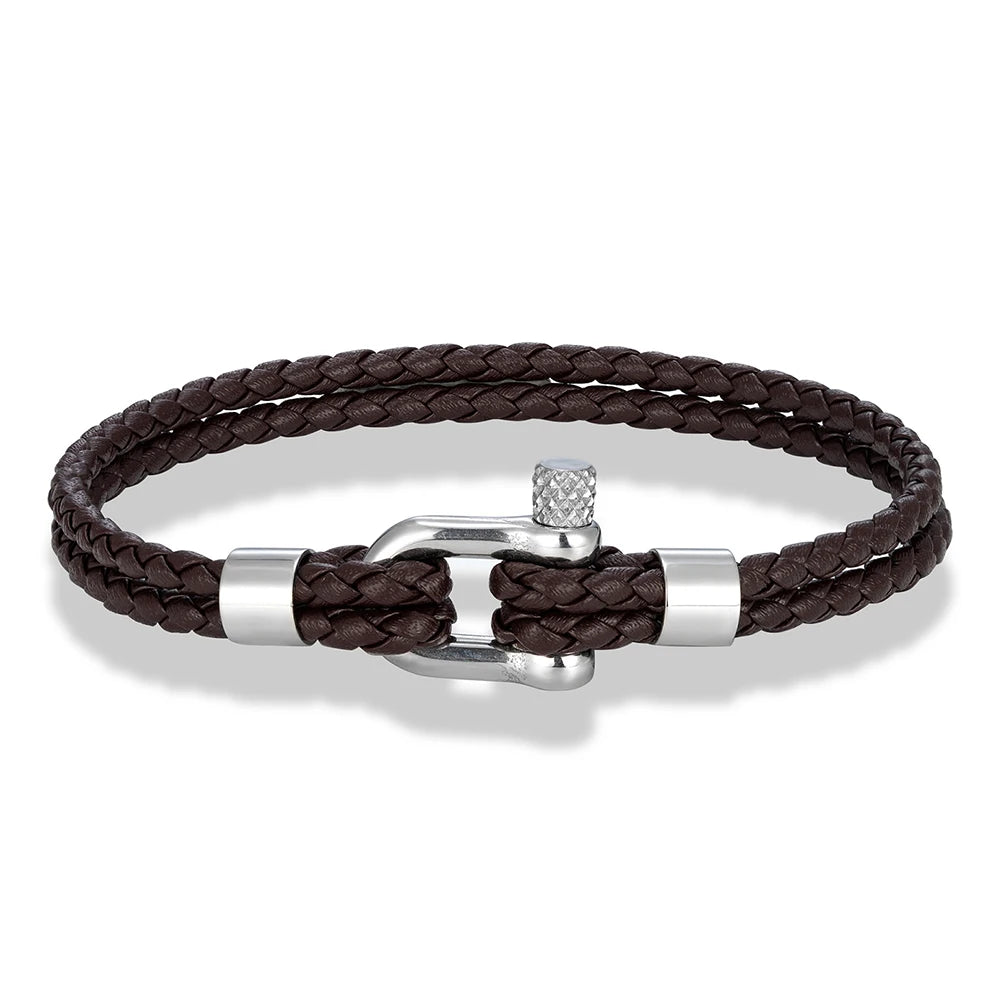 MKENDN Gold Plated Stainless Steel Shackle Bracelet Men Women Simple Double Layer Braided Blue Leather Bracelets Handmade Gifts